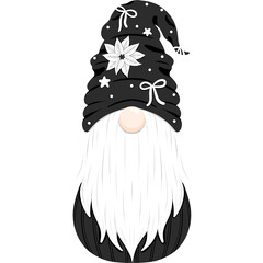 Black And White Christmas Gnome Clipart, Dark Holiday Illustration 