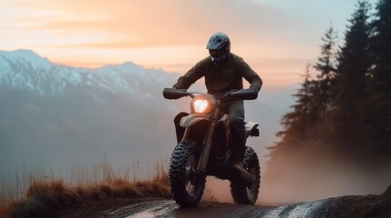Fototapeta premium Exciting Outdoor Motorbike Adventure on Unpaved Country Road with Breathtaking Mountain Views