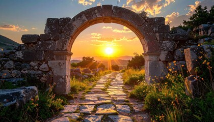 Stone archway, sunset, and winding path