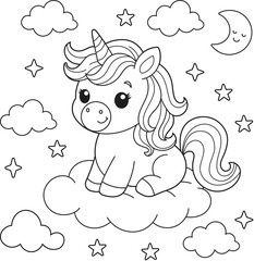 Cute Unicorn Sitting on Cloud with Stars and Moon. Whimsical Line Art for Kids Coloring Pages and Nursery Prints