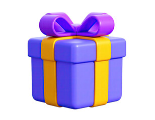 A 3D rendered gift box with a purple bow and yellow ribbon
