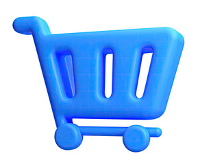 A blue, 3D rendering of a shopping cart icon on a black background