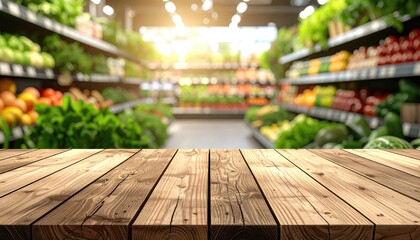Blurred produce aisle, wood foreground
