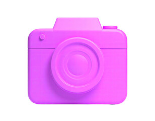 A simplistic, 3D rendered camera in vibrant pink against a black background