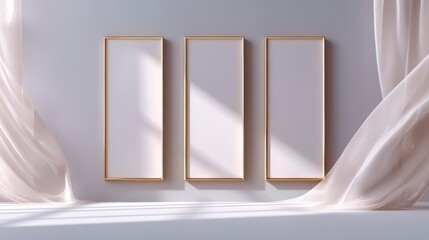 Empty Frame Exhibition: Three elegant frames adorn a wall, softly illuminated by light and draped with flowing fabric, creating a serene atmosphere ideal for artistic display or design presentations.