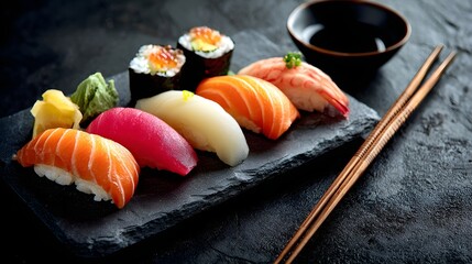 Delicious assortment of fresh sushi, featuring various nigiri pieces, maki rolls, and colorful seafood, artistically presented on a slate plate with ginger, wasabi, soy sauce, and elegant chopsticks,.