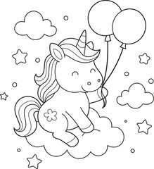 Cute Cartoon Unicorn with Balloons on Cloud. Black and White Line Art for Kids Coloring Pages