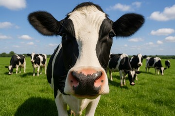 Close-up of curious black and white dairy cow with herd in green pasture under blue sky with fluffy clouds on sunny day. Ai generative. Ai generative