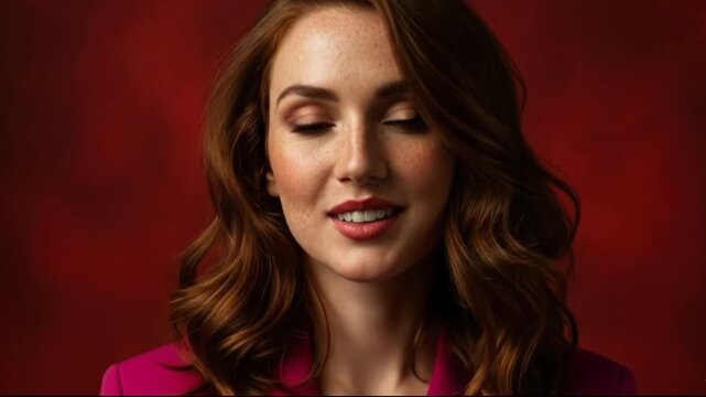 A beautiful woman with wavy brown hair and makeup puckers her lips, wearing a pink blazer against a textured red background, looking at the camera with a playful expression