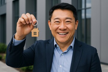 Smiling man in suit holding house-shaped keychain symbolizing real estate success and homeownership outside modern office building. Ai generative