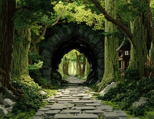 Stone archway tunnel through lush, voxel-style forest, path leads to light