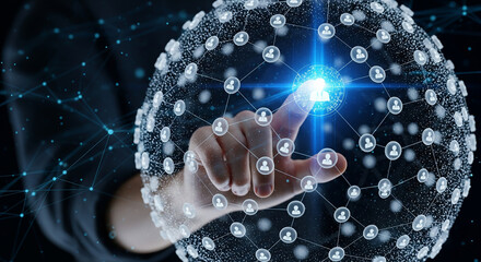 Human hand touching glowing global network user interface