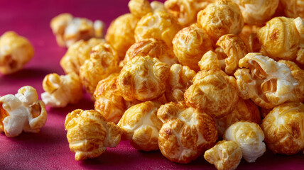 Close-up of buttered popcorn on a red background.