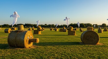 Obraz premium Spooky Harvest Field: A captivating scene unfolds, with an autumnal field adorned with whimsical hay bale creatures, against a backdrop of a clear sky, bringing the holiday spirit to life.