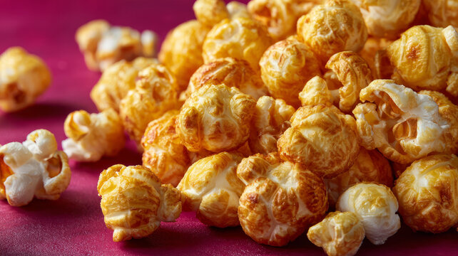 Close-up of buttered popcorn on a red background.