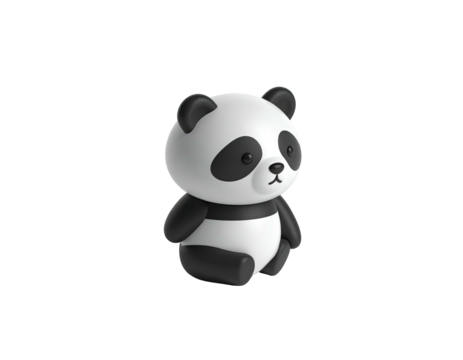 A cute cartoon panda bear with black and white fur sits against a black background