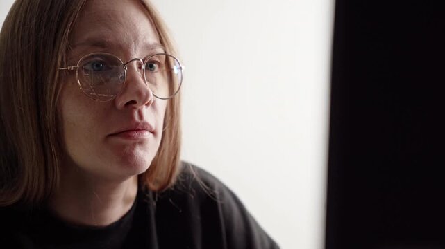 A fresh-faced adult woman with glasses, focused at the computer screen, working late at night from home in a cozy outfit. Dimly lit home office, minimalist background, concentration and career focus.