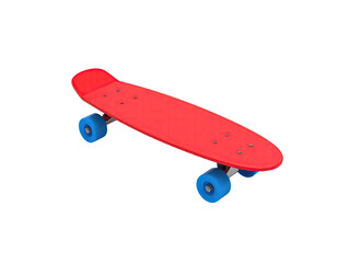A bright red skateboard on a black background, angled. Blue wheels and bolts