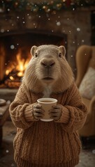 
A soft brown fur capybara, wearing a warm, loose cream sweater and holding a paper cup of steaming coffee in its paws, against the backdrop of a crackling fireplace, surrounded by the cozy atmosphere