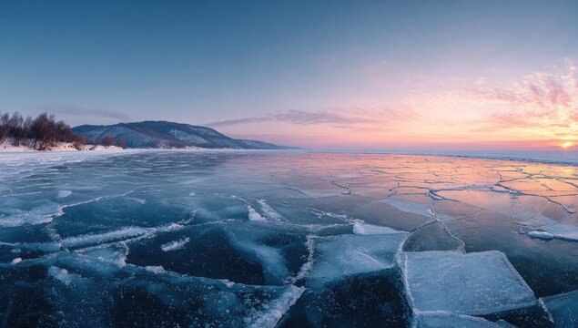 Frozen lake at sunrise, cracked ice - Powered by Adobe