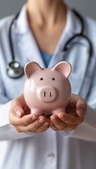 Healthcare Professional Managing Financial Health with Piggy Bank for Medical Expenses and Budgeting