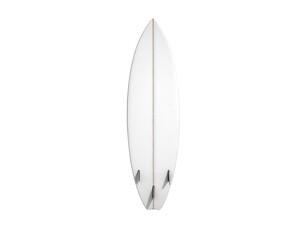 A white surfboard with a tri-fin setup against a stark, black background