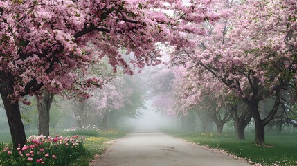 Fototapeta premium A serene pathway lined with blooming cherry blossom trees, creating a tunnel of delicate pink flowers against a misty, atmospheric background, forming a captivating display of springtime beauty and...