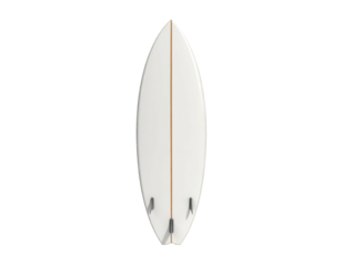 Top-down view of a white surfboard with three fins on a solid black background