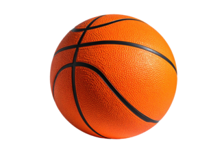 A close-up of an orange ball with black lines against a black background