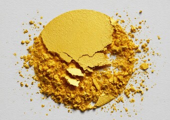 A shattered, vibrant yellow powder cosmetic, mostly intact, sits on a light gray background, with scattered fragments surrounding it