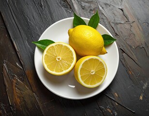 Fresh lemons on white plate, dark wood