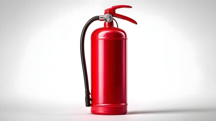 Obraz premium Bright red fire extinguisher, showcasing safety equipment on a clean, white backdrop with a soft, diffused light.