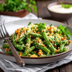 Green bean dish topped with crumbs