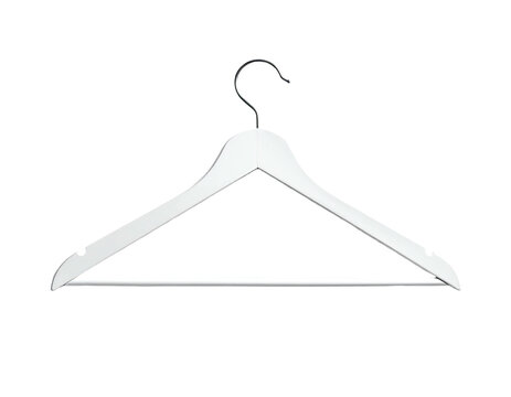 A stark white wooden clothes hanger with a silver hook against a black background