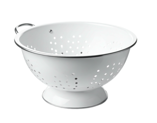 White enameled colander with a handle, set against a stark white background