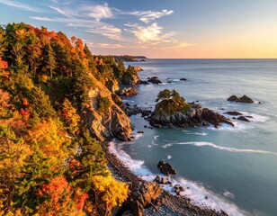 Autumn trees meet rocky coastline