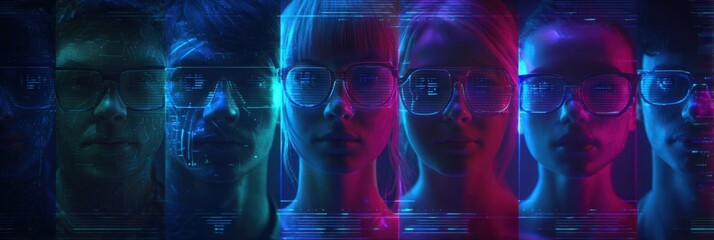 Six people lined up, all wearing glasses, illuminated by vibrant neon colors, creating a futuristic feel in a digital environment.