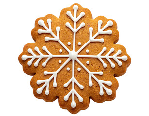 A snowflake-shaped gingerbread cookie with white icing on a solid black background