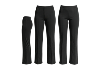 Three views of black, flared-leg trousers with a fitted waistband