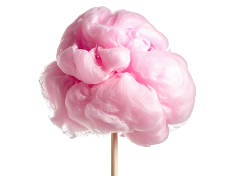 Fluffy pink spun sugar confection on a wooden stick, isolated on black