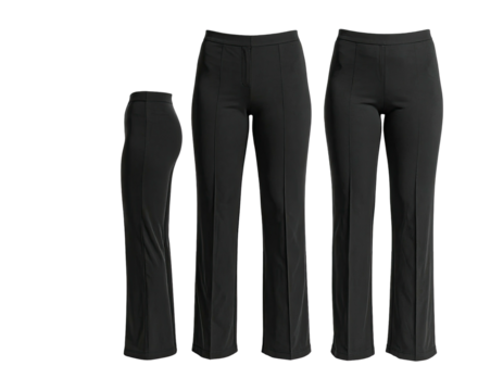 Three views of black, flared-leg trousers with a fitted waistband