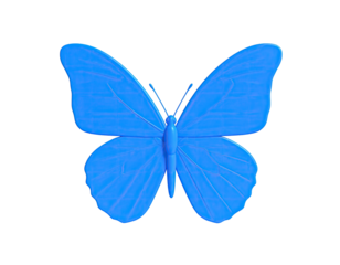 Blue butterfly figure with details, center view, on black background