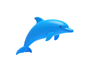 Stylized, blue, smiling dolphin leaping upwards against a solid black background