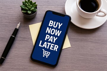 Flexible finance option "Buy Now Pay Later" appears on a sleek smartphone, perfectly positioned on a modern wooden desk alongside daily essentials