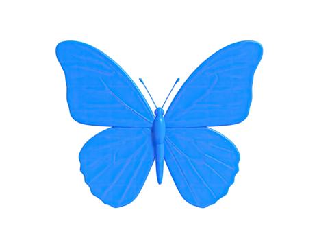 Blue butterfly figure with details, center view, on black background