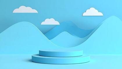 Fototapeta premium Minimalist Blue Podium With Abstract Mountain Scenery And Clouds