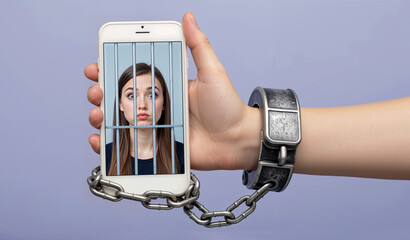 Digital Incarceration: Hand Shackled to Smartphone Behind Virtual Prison Bars