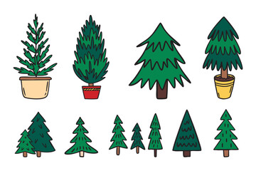Obraz premium Evergreen pine trees collection in varied forms and sizes, isolated forest elements, hand drawn.