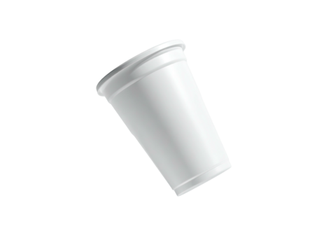 A white, cylindrical container with a slightly tilted angle floating against black