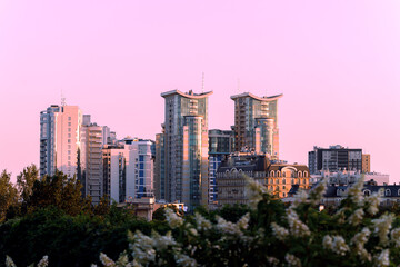 Obraz premium high rise modern city scape skyscrapers megapolis USA town center business place with foreground blossom garden and evening sunset purple sky background space